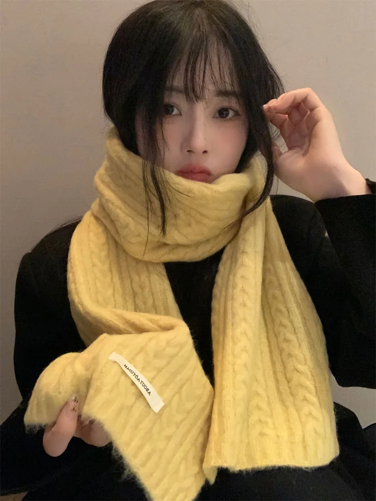 Bufanda de Punto de Color Sólido con Mezcla de Lana Nueva de 2025, Bufanda de Invierno para Mujer, Estilo Coreano, de Alta Ga...