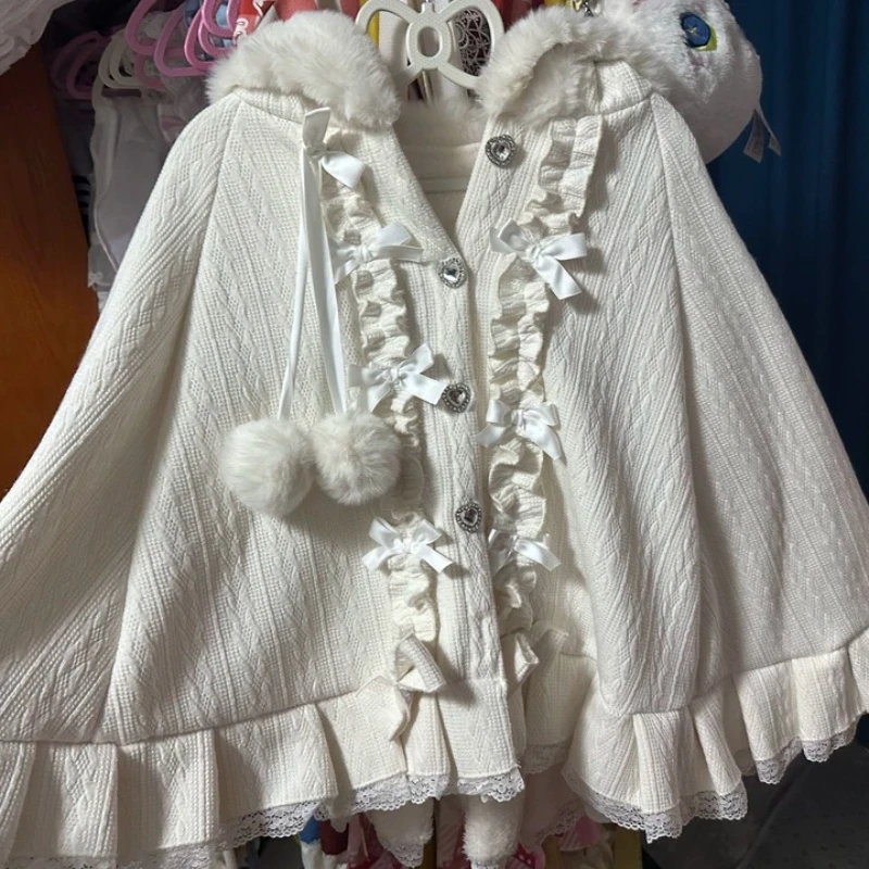 Abrigo japonés de Lolita dulce Kawaii para mujer, Ponchos con capucha suaves con volantes y lazo que mantienen el calor, prendas de vestir exteriores Viange, ropa de otoño e invierno