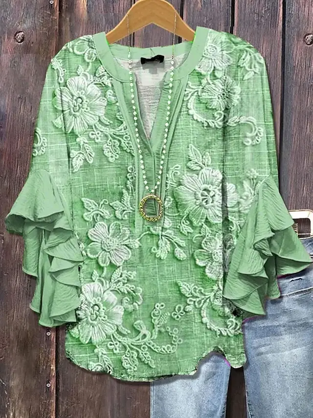 Fashion Women's All Over Print Ruffle Sleeve Shirt Lightweight Soft Loose Fit Blouse For Vacation
