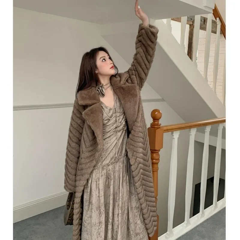 Winter Brown Embossing Wave Strip Pattern Faux Mink Fur Coat CHIC Women Bow Sashes Full Sleeve Loose Warm X-Long Outerwear