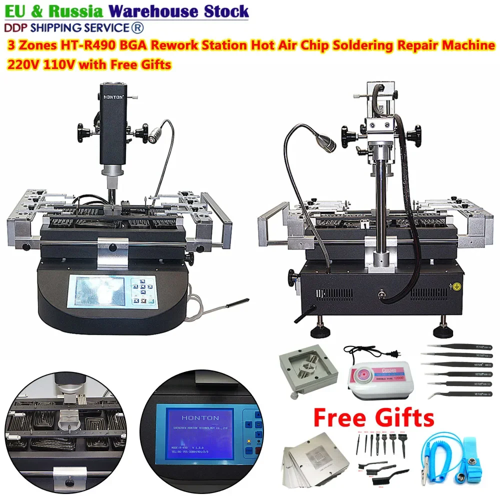 

3 Zones BGA Rework Station HT-R490 4000W Hot Air Chip Soldering Repair Machine 220V 110V with 5 Pcs Nozzles StencilsFree Gifts