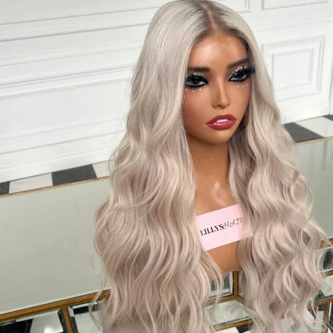 

26"Luxury Hair Silver Gray Blonde Glueless Wigs 180% High Density 13*4 HD Deep Wave Synthetic Lace Frontal Wigs With Dark Roots