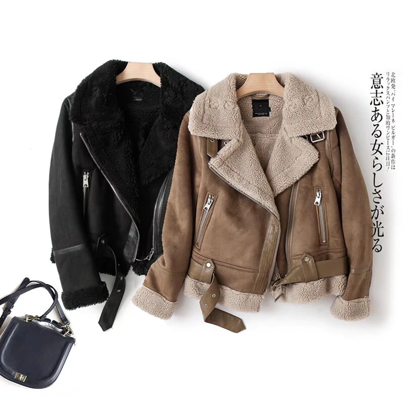 Winter women's and winter clothing with integrated fur and deer fur thickened windproof motorcycle jacket