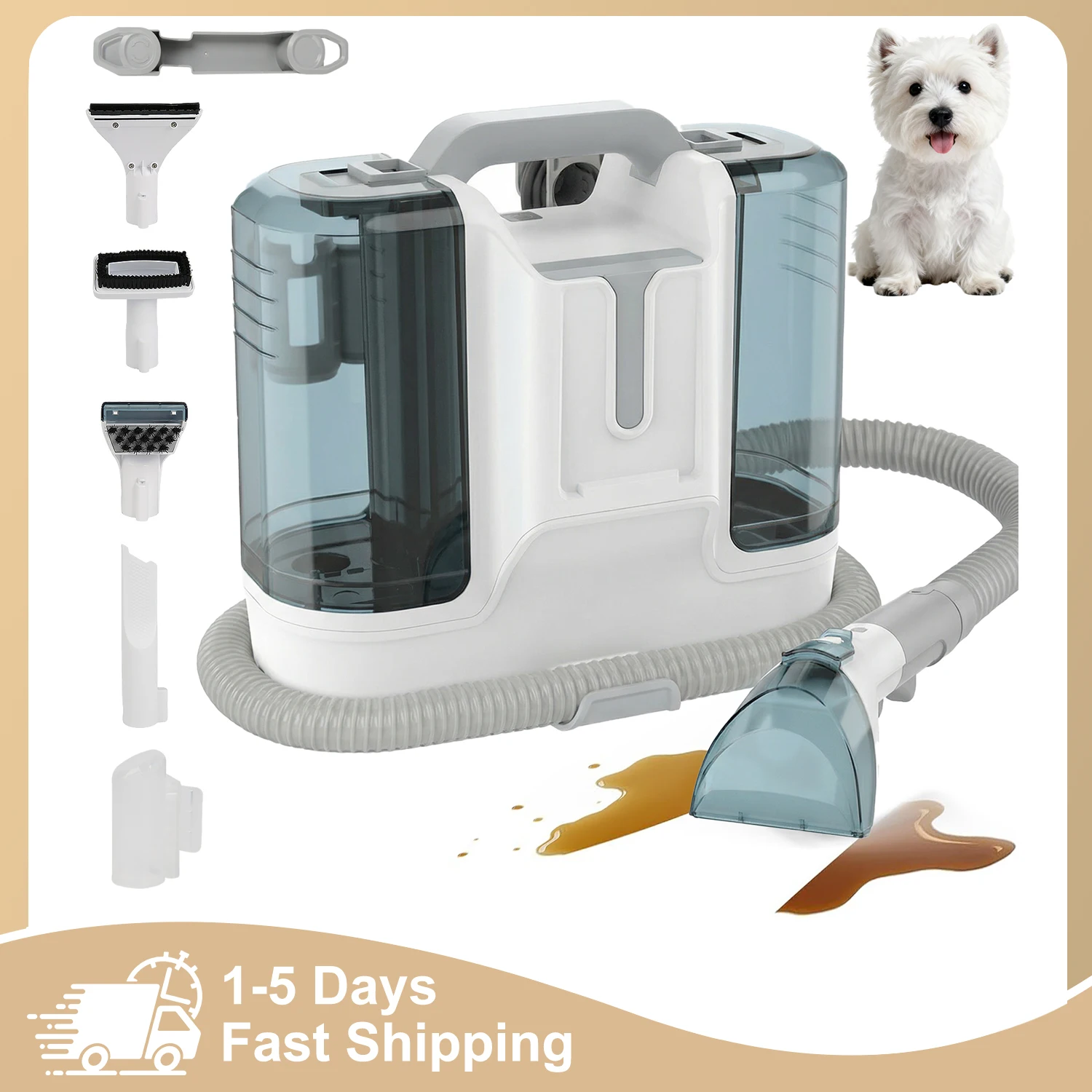 Nettoyeur de tapis multifonctionnel 450W 10kPa, aspirateur portable pour tissus d'ameublement avec 5 têtes de nettoyage, conception à double réservoir pour le nettoyage en profondeur des tapis, des canapés et des tissus d'ameublement pour la maison et les animaux domestiques
