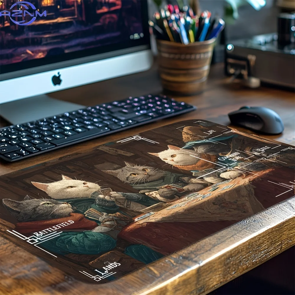 Wizard Cats Non-Slip Rubber Gaming Mat with Zones Card Layout - Compatible for Tabletop RPG Deskpad Suitable for Trading Card