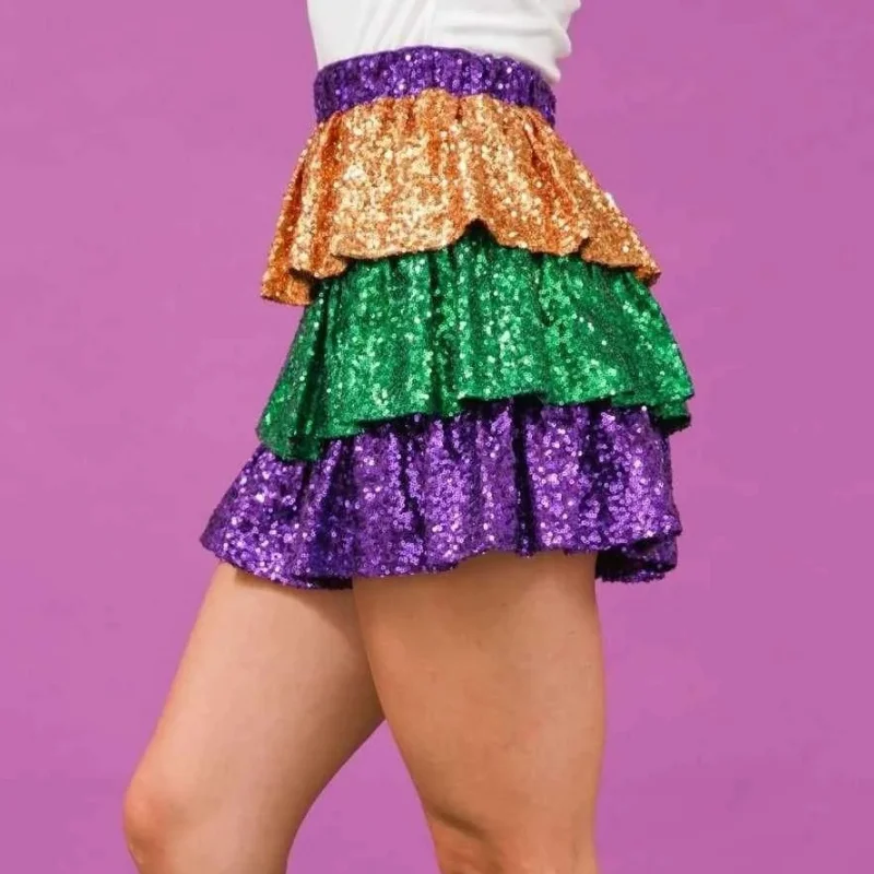 กระโปรงมินิสั้นหลายชั้นแต่งระบายเลื่อมสีสันสดใส สายเดี่ยว สไตล์ปาร์ตี้ คลับ แฟชั่น Y2K สตรีทแวร์