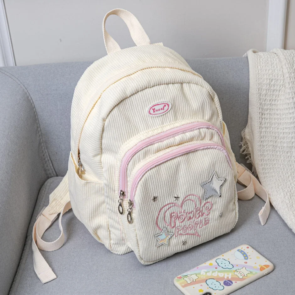 Fashion Corduroy Students Mochila Japanese Sweet Embroidered Pattern Backpack Multi-pocket Aesthetic Rucksack Y2K Women Knapsack