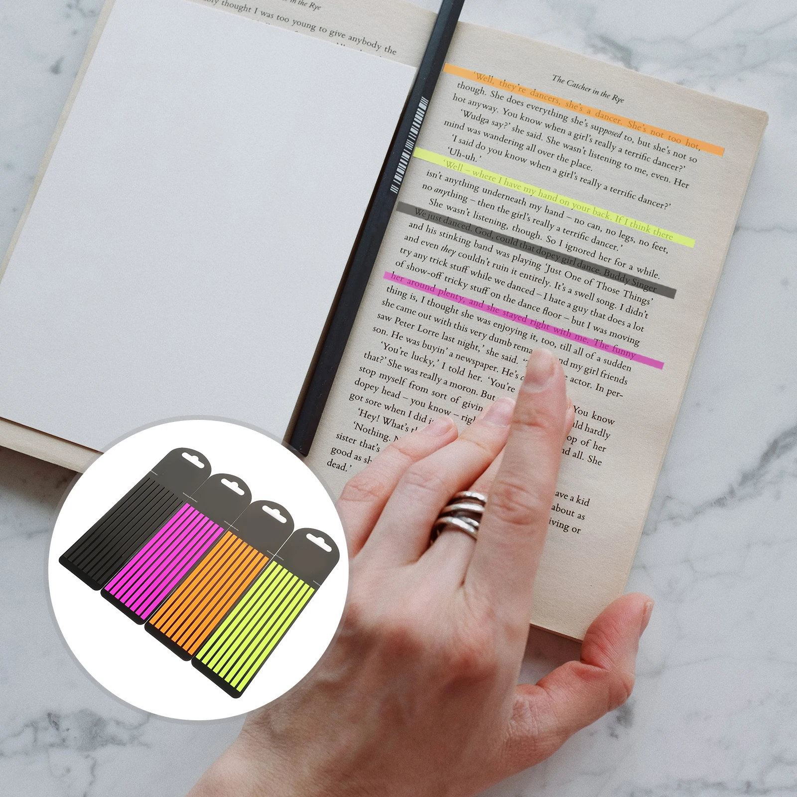 

4 Books PET Highlight Strips Black Purple Yellow Orange Reusable Reading Markers School Office Supplies