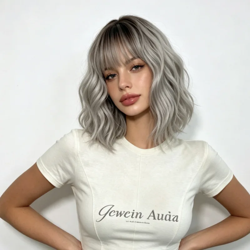 High-end silver-gray short wig with air bangs, clavicle-length curls, and a voluminous rose net full head cover