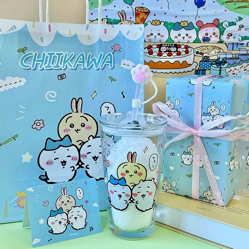 

Kawaii Chikawas Hachiware Usagi Cartoon 450Ml Glass Straw Cup Girl Cartoon Anime Milk Cup Cute Gift Box Packaging Birthday Gift