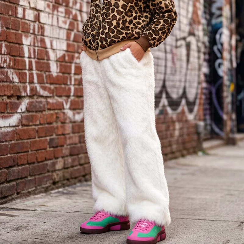 

High Street Fashion Plush Loose Straight Tube Solid Color American Autumn Winter Thick Warm Casual Long Pants Men's Women's