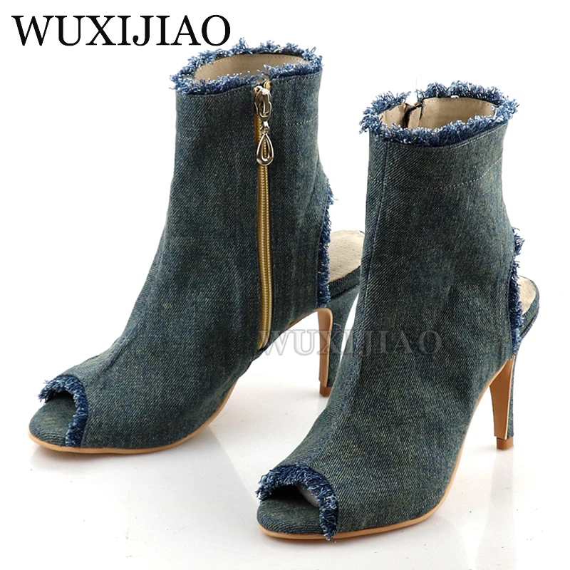 WUXIJIAO New Dance Shoes Denim Classic Blue Latin Samba Cha Cha Dance Shoes Heel Cutout Design Fashion Dance Boots