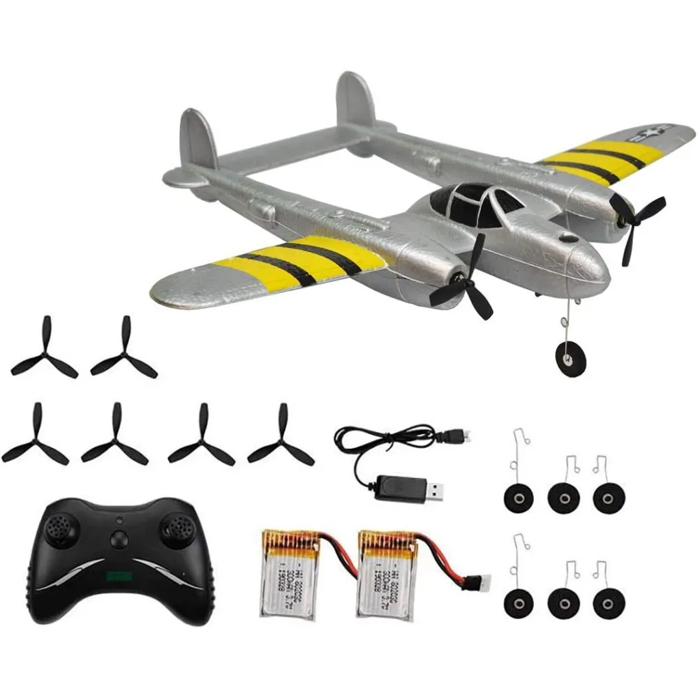Avión RC de 2 canales de 2,4 GHz para principiantes: avión de iluminación P38 con características listo para volar