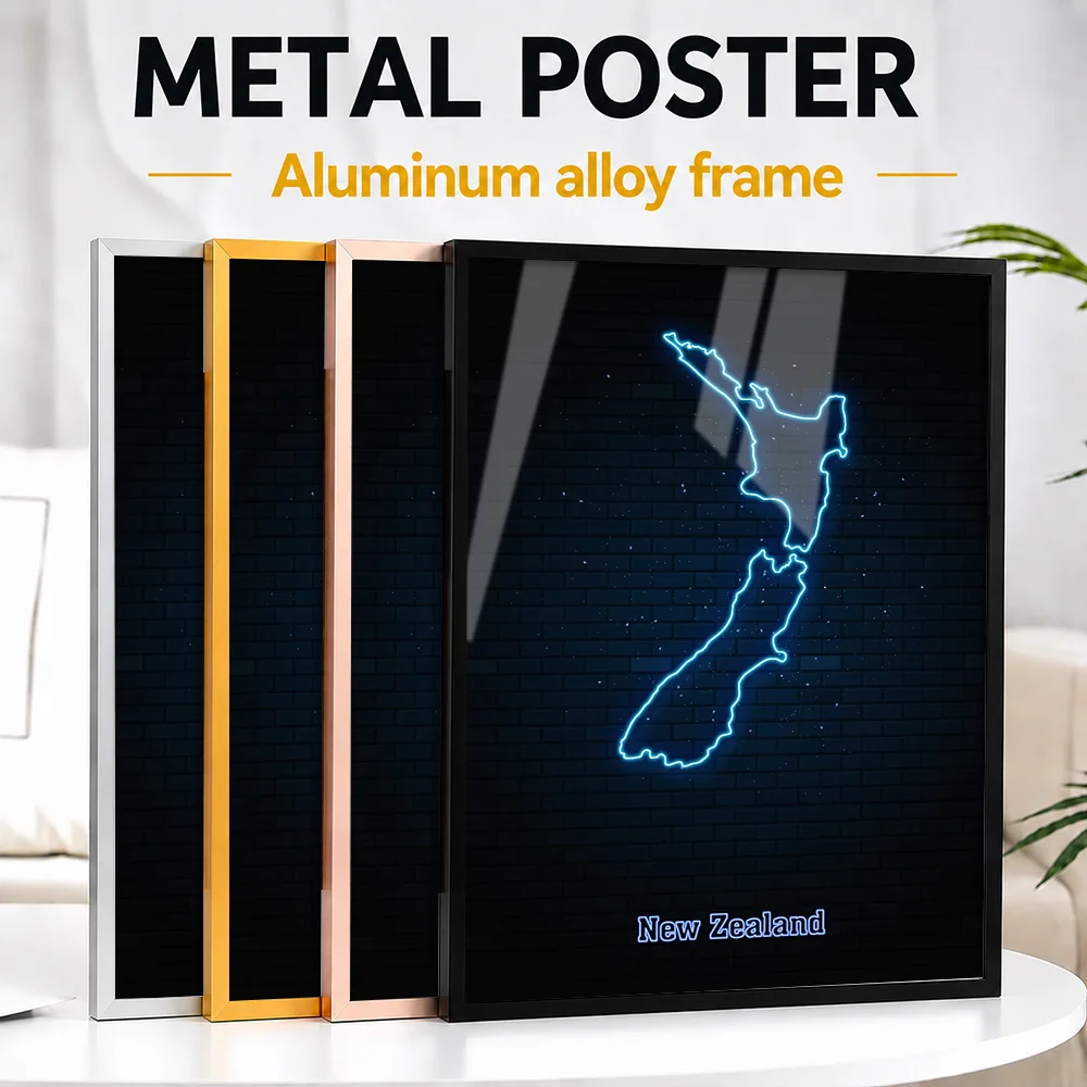 New Zealand Map Outline Framed Aluminum Metal Poster Personalized Neon Style Wall Art For Travel Agency And Office Reception