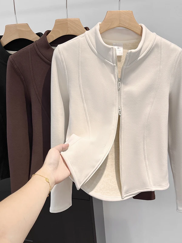 

Slimming Fce Lined Zipper Stand Collar Sports Sle Women's Jaet ort Length Waist Cinching Warmth Enhanced Outerwear