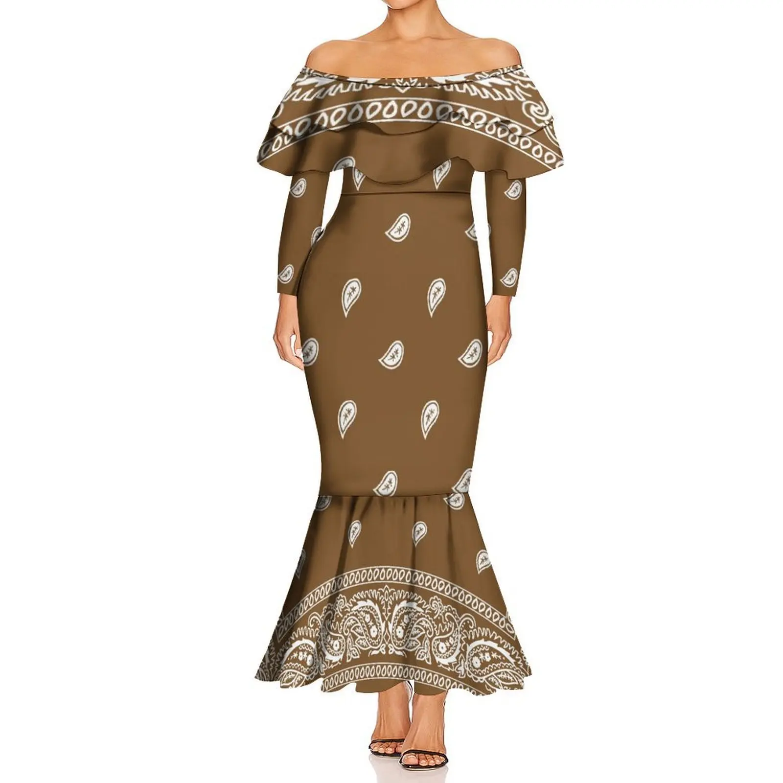 Verão bandana dupla camada babados havaiano feminino manga comprida um ombro fino fishtail vestido padrão de vestido personalizado