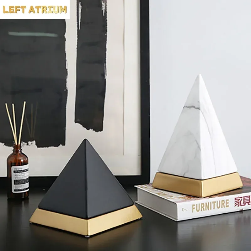 Marble Texture Pyramid Ceramic Statue Desk Decoration Triangle Pyramid Sculpture Modern Crafts Ornaments Room Aesthetic Decor