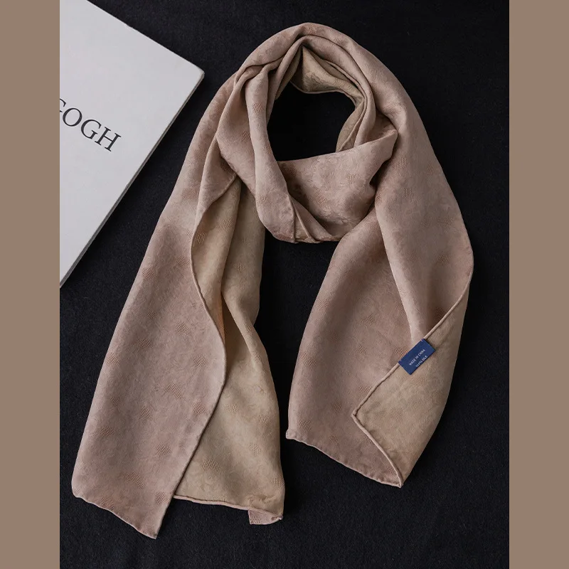 Double‑Sided 100% Mulberry Silk Scarf for Women, Elegant Hemp‑Brown Traditional Hua‑Luo Gauze, Vintage Luxury Gift for Mom