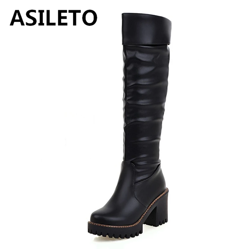 

ASILETO 2024 New Classic Knee Boots Round Toe 8.5CM Block Heels 3cm Platform Slip On Faux Leather Plus Size 42 43 US12 Fashion