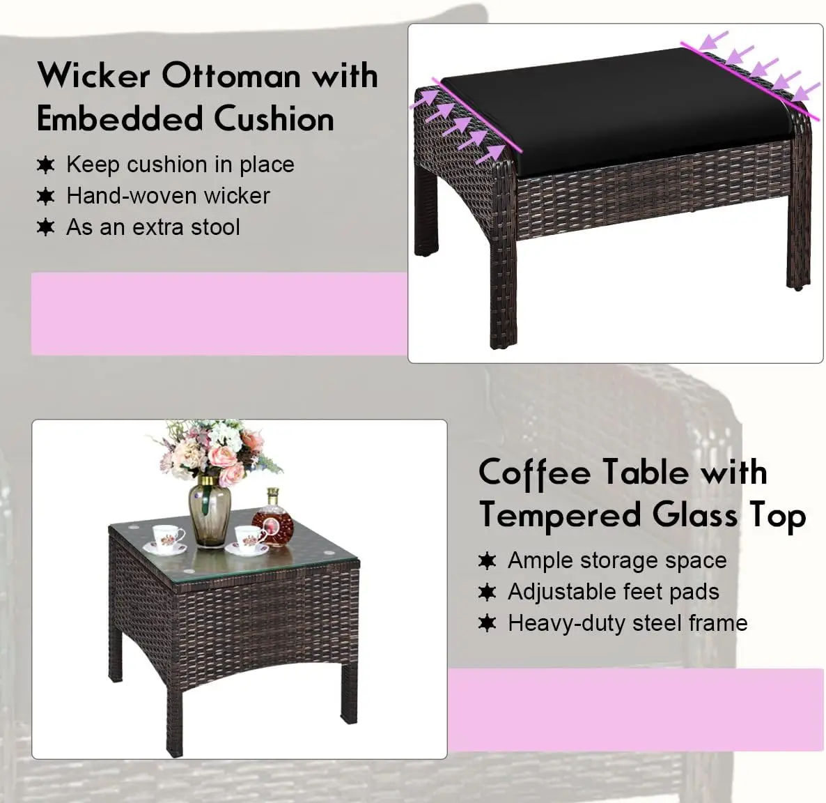 Korb möbel Set 5 Stück Pe Wicker Rattan Outdoor Allwetter gepolsterte Sofas und Ottomane Set Rasen Gesprächs set