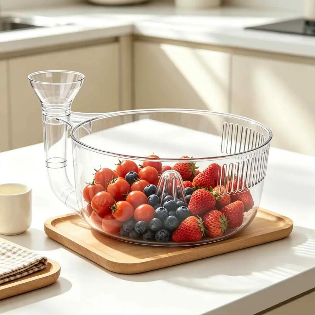 Fruit Washing Basket Berry Strainer Self-rinsing Berry Washing Bowl with Side Drain Spout Spiral Container Plastic for Kitchen