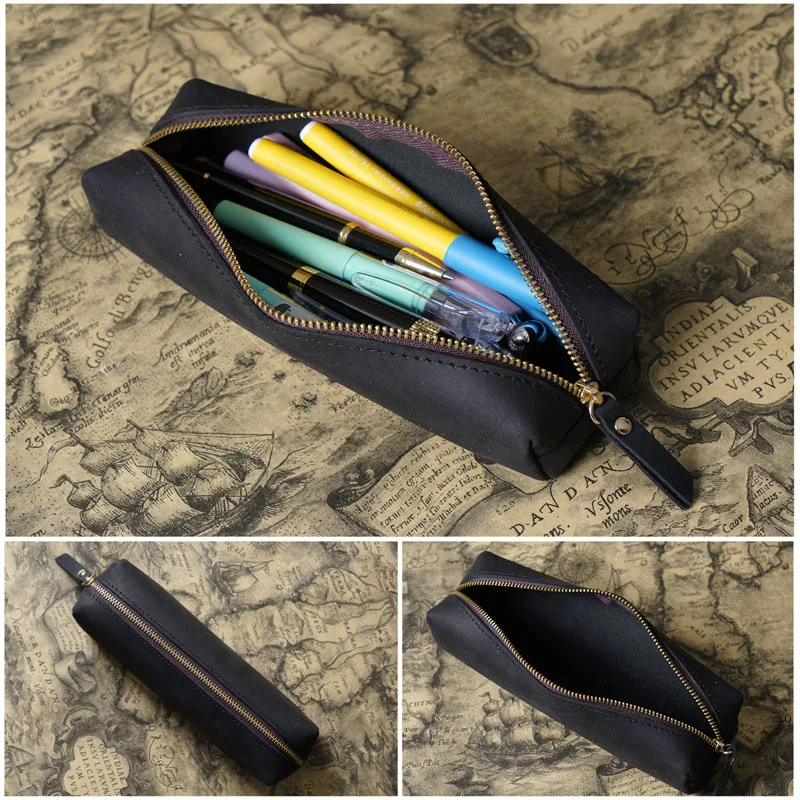 Handmade Leather Pen Storage Bag Men\'s Leather Zipper Pen Bag Student Pencil Case Simple Large-capacity Stationery Bag