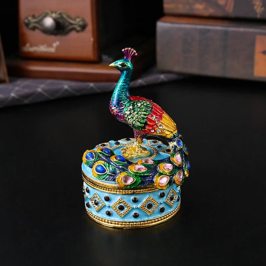 Peacock Round Jewelry Box Classical Enamel Crafts Ring and Earring Storage Box Flip Up Jewelry Box Home Decor Ornament
