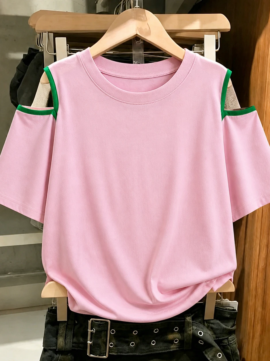 

Korean Style Casual Color Block Shoulder Bared Short Sleeve Top Versatile Summer Fashion for Younger Look Straight Cut Tunic