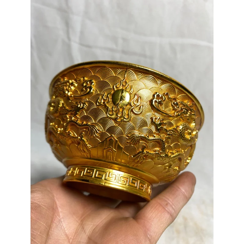 Antique Golden Bowl Pure Copper Gold Plated Double Dragon Golden Bowl Antique Collection