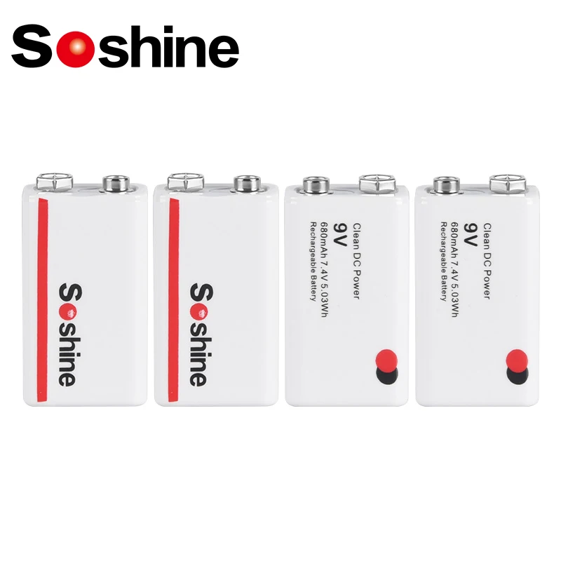 Soshine 4PC 680mAh 6F22 9V Lithium Battery 6F22 9 Volt Li-Po Rechargeable Batteries for Radio Electronic Thermometer Smoke Alarm