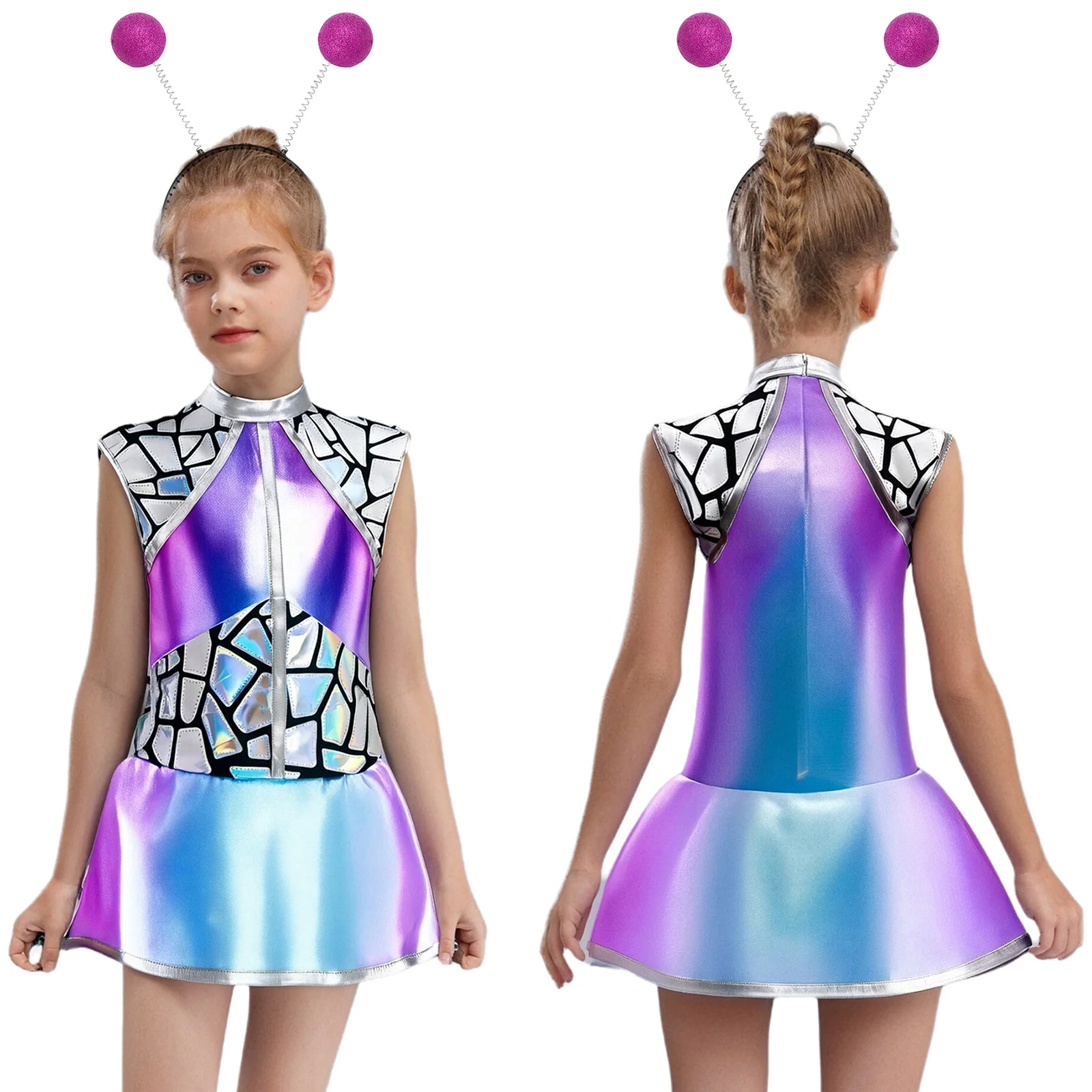 Disfraz de Alien para Halloween para niñas, vestido metálico brillante para el espacio exterior con aro de pelo de alienígena, ropa de Robot de galaxia cósmica