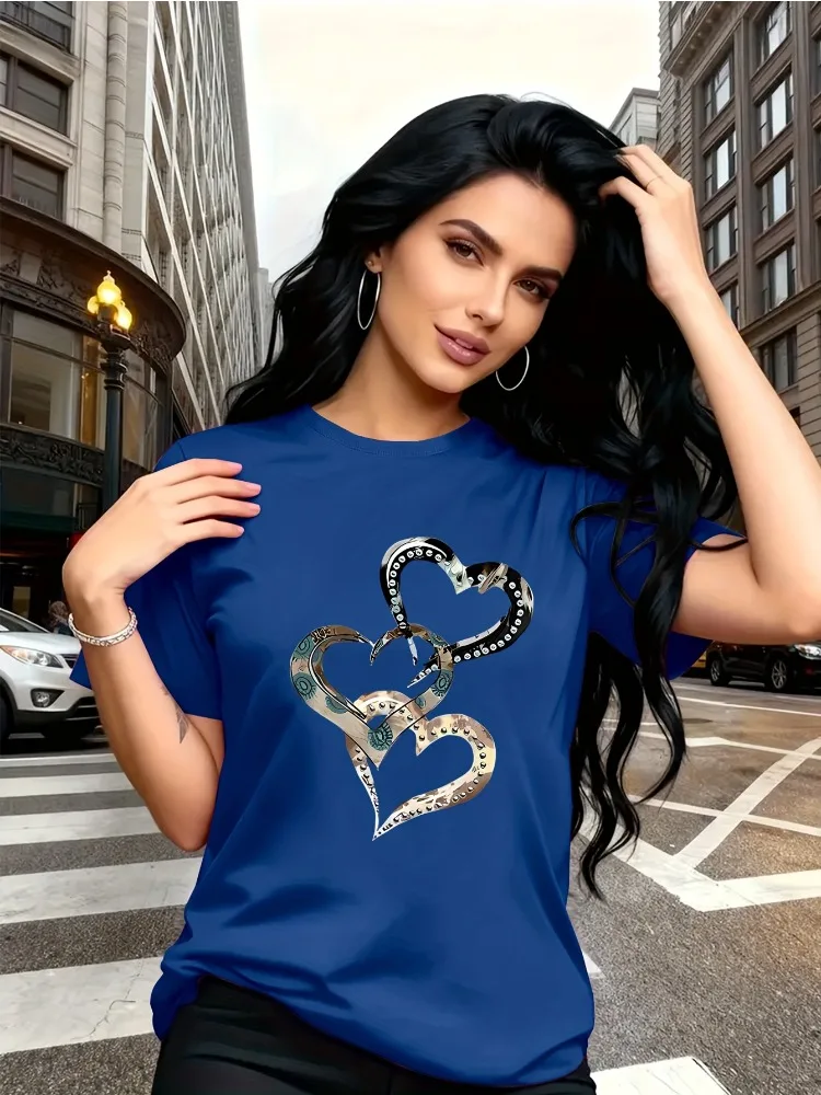 T-shirt pour femme à manches courtes, motif d'amour imprimé, tendance, simple et élégant, représentant l'art de l'émotion et de l'amour