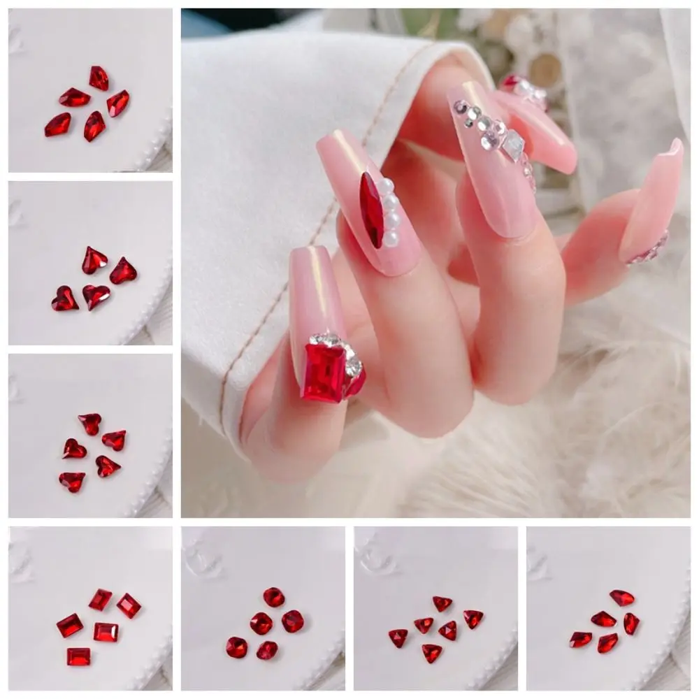 10 Pcs Shiny Red Crystal Nail Art Decorations Pointed Bottom Wine Red Jewelry Nail Charms V Crooked Heart Peach Heart