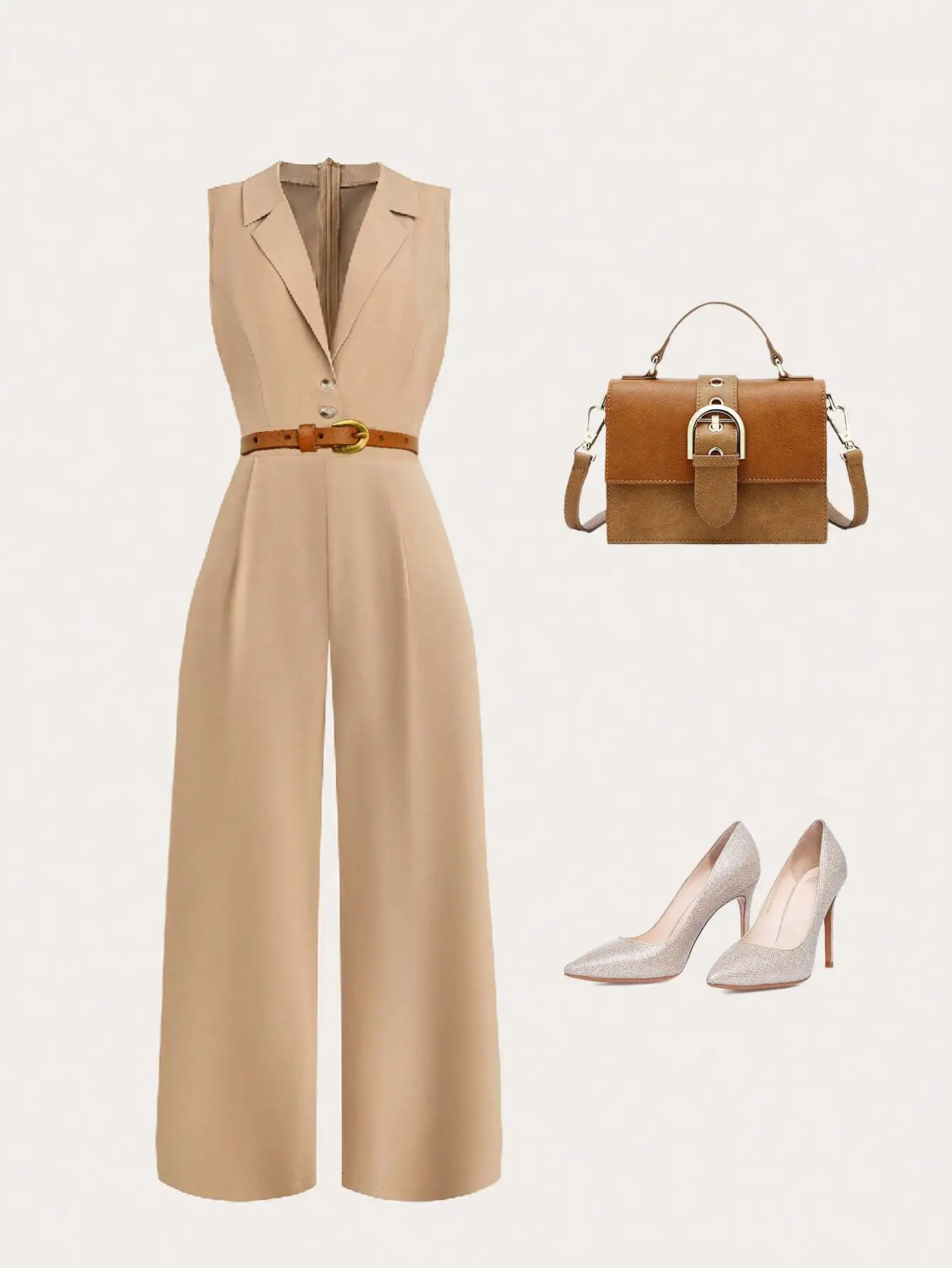 

Plus Size Casual Commuting Style Solid Color Sleeveless Wide-Leg Jumpsuit for Women