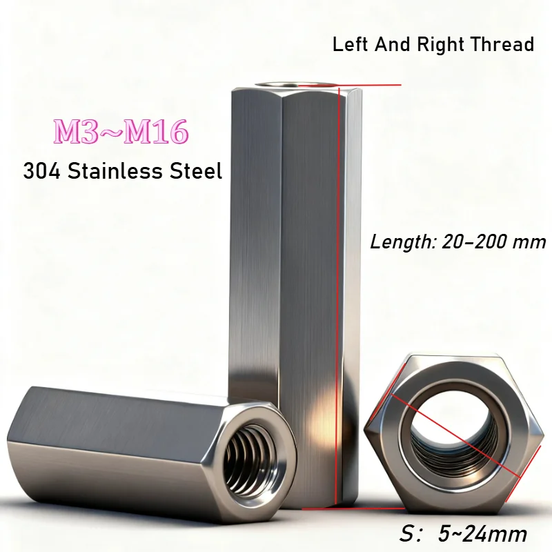 304 Stainless Steel Left And Right Thread Hexagon Hex Extend Long Rod Coupling Nuts Connector Joint Tubular Nut M3 M4 M5 M6~M16