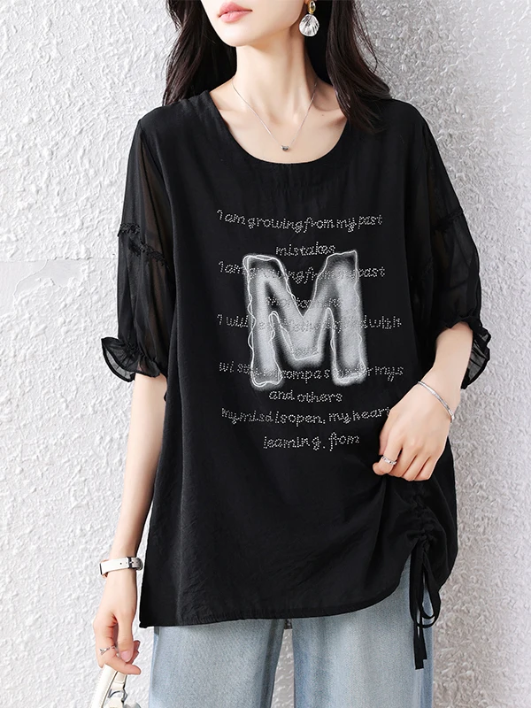 

Faionable round Ne ort Sve T-irt Women's Loose plus Size Slimming Top Summer New Sle Glitter Print Retro Sle