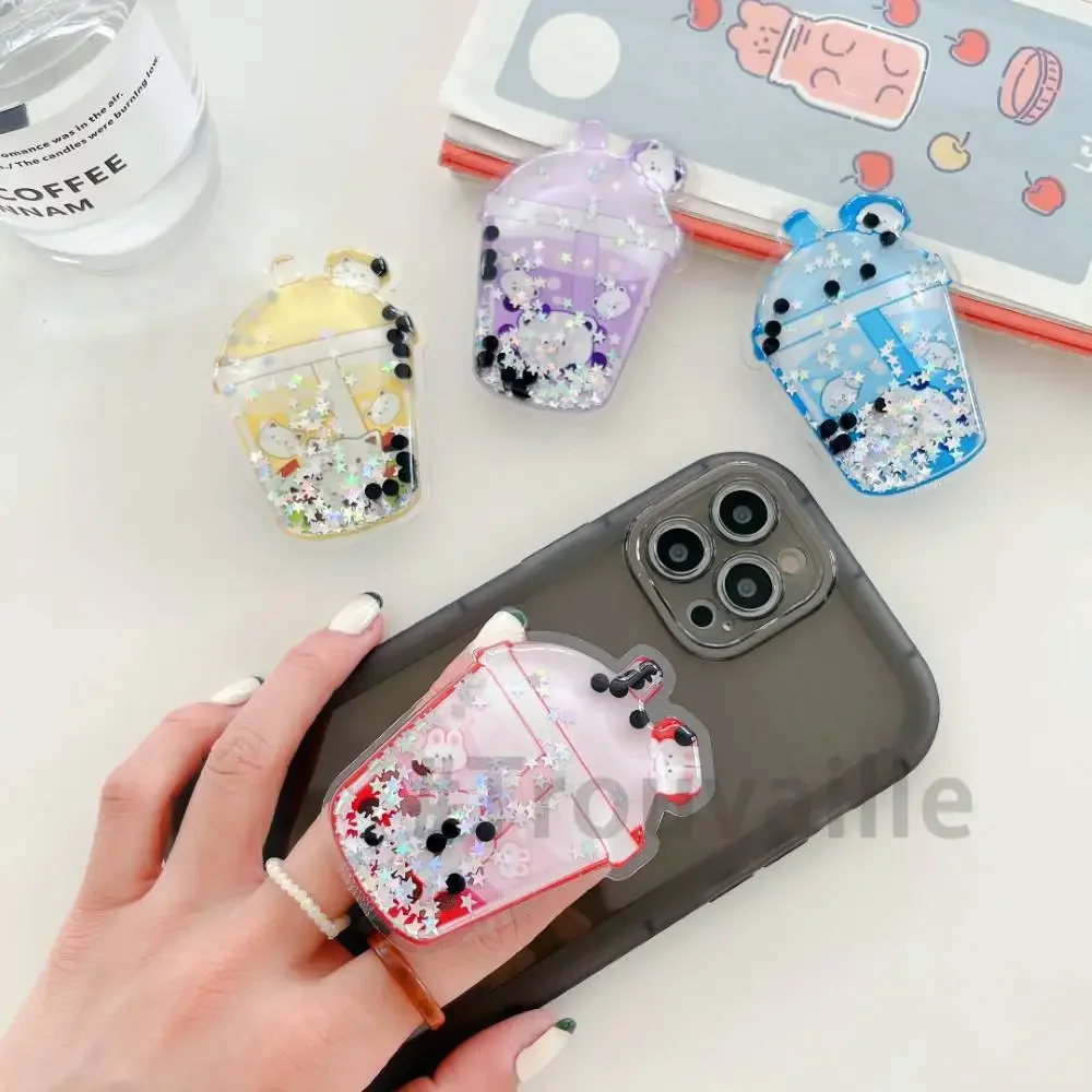 Trouvaille QuickSands Cell Phone Grip Holder Mobile Phone Finger Holder Cute Kickstand Soporte De Telefono Animal Drink MilkTea