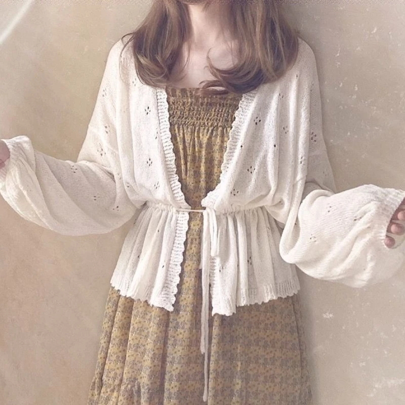 

Deeptown Sweet Elegant Knitted Cardigan Women Kawaii Lace Up Lolita Sweater Tops Japanese Cute Solid Thin Long Sleeve Cardigan