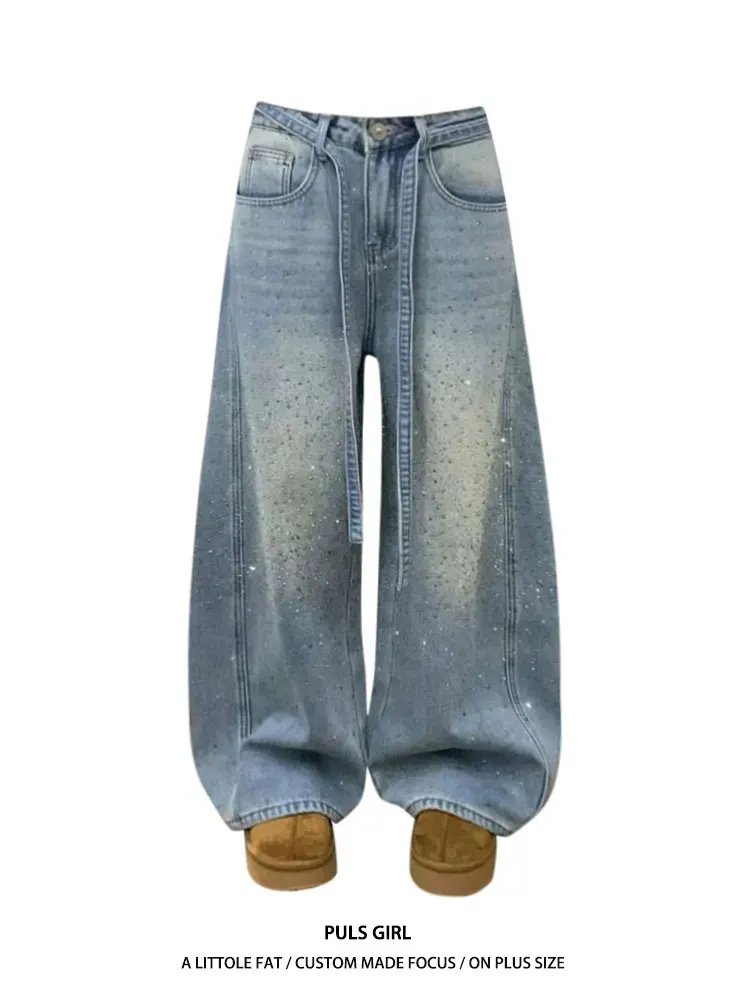 

Retro American Large Size Denim Jeans Women's Loose Wide Leg Pants High Waist Washed Drill Drawstring Casual High Waist