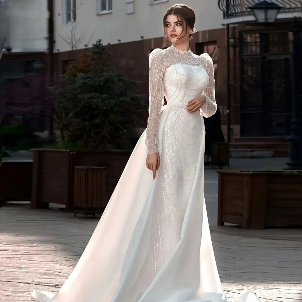 Modest High Neck Wedding Dress Sequins Sparkly Full Sleeves Mermaid Beads Bride Robe Elegant Pearls Long Bridal Evening Dress