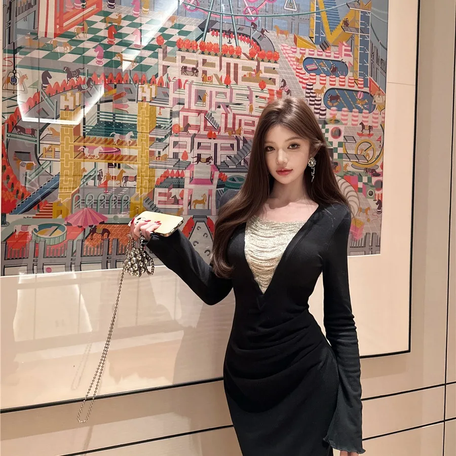 خريف شتاء ريترو مثير عميق الخامس Ne لصق طويل Sve مطوي الخصر في ذيل فاي الدكتور تنورة طويلة المرأة عالية الخصر تخفيف Sle