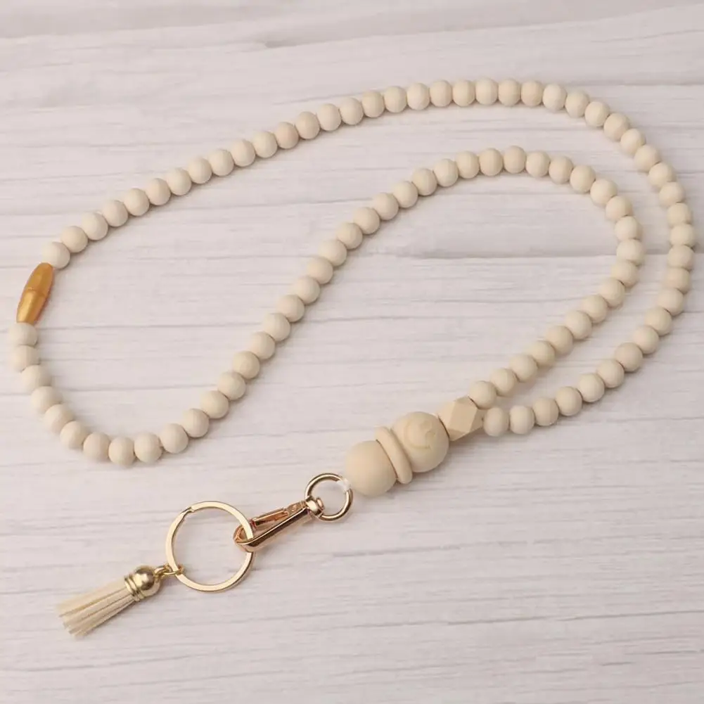 

Swivel Hook Badge Holder Colorful Wood Beaded Lanyard with Id Holder Suede Fringe Fashionable Keychain for Waterproof Badge