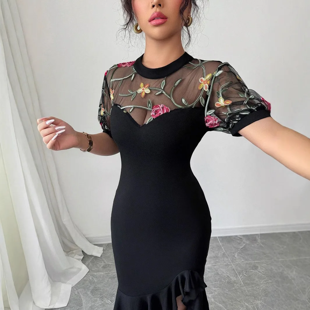 Cross-border 2025 New Women's Mesh Jacquard Stitching Asymmetrical Hem Waist Skirt Imperial Sister Light Mature Wind Cw32016