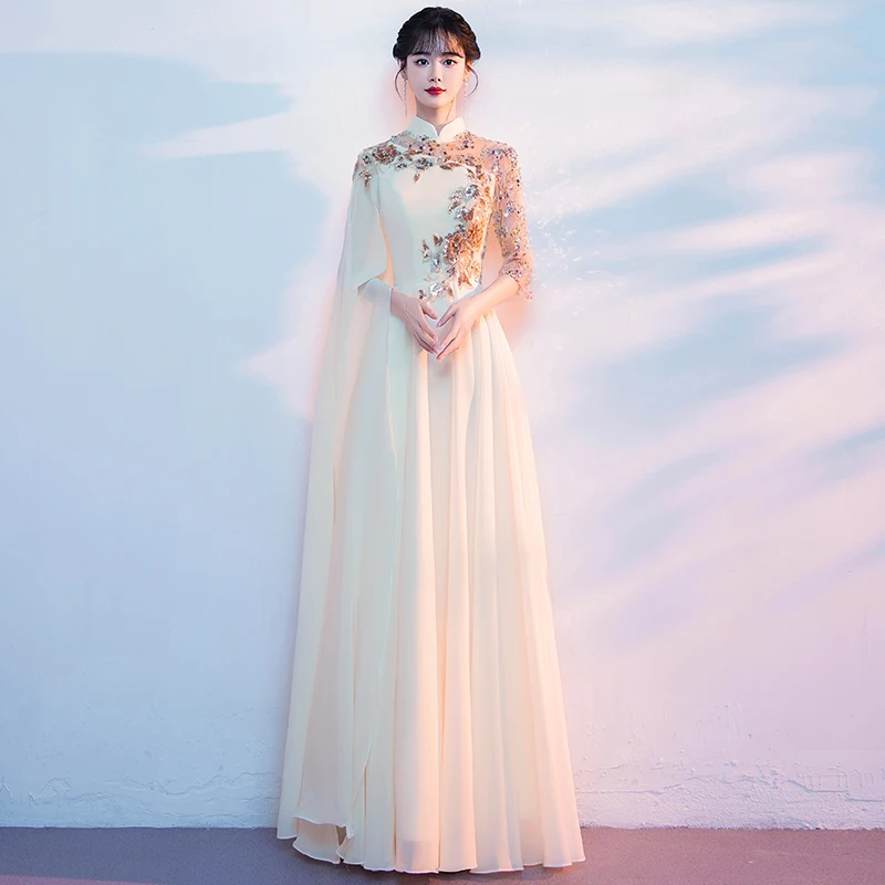 

Новое женское длинное платье цвета шампань для выступлений, декламации стихов, сценических выступлений, с воротником-стойкой