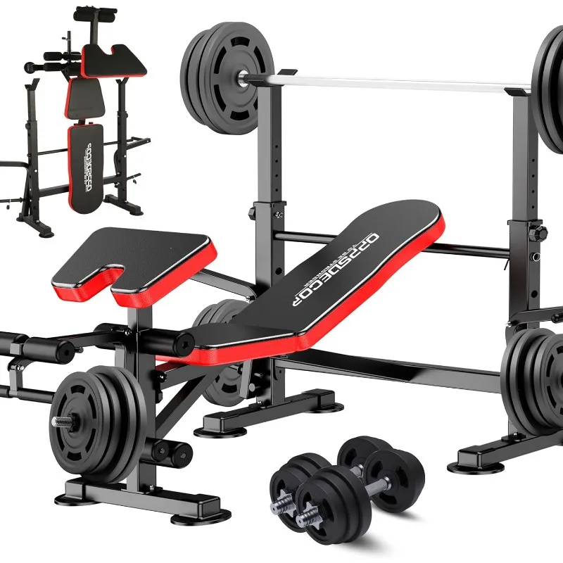 

n 1 Weight Bench Set with Squat Rack Adjustable Workout Bench with Leg Developer Preacher Curl Rack Fitness Strength Training