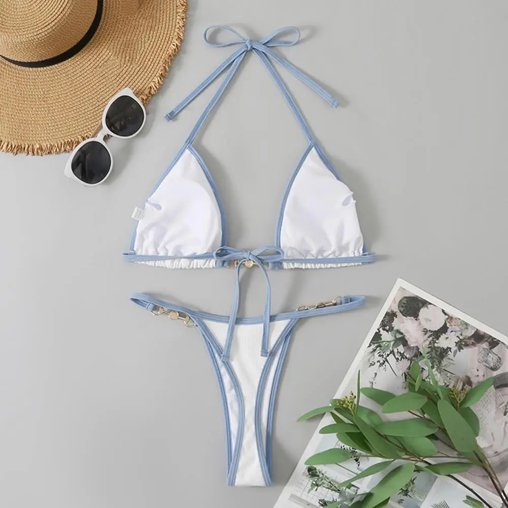 Vrouwen Bikini Set Contrast Kleur Halter Nek Drie-Punt Parel Diepe V-hals Zwemmen Pak Zwemmers Vrouwen Micro Thong bikini