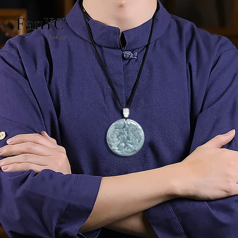 Natural A-goods Jadeite Blue Water Dragon and Phoenix Pendant Exquisite Fashion Simple Men and Women Couples Necklace Gift view 5