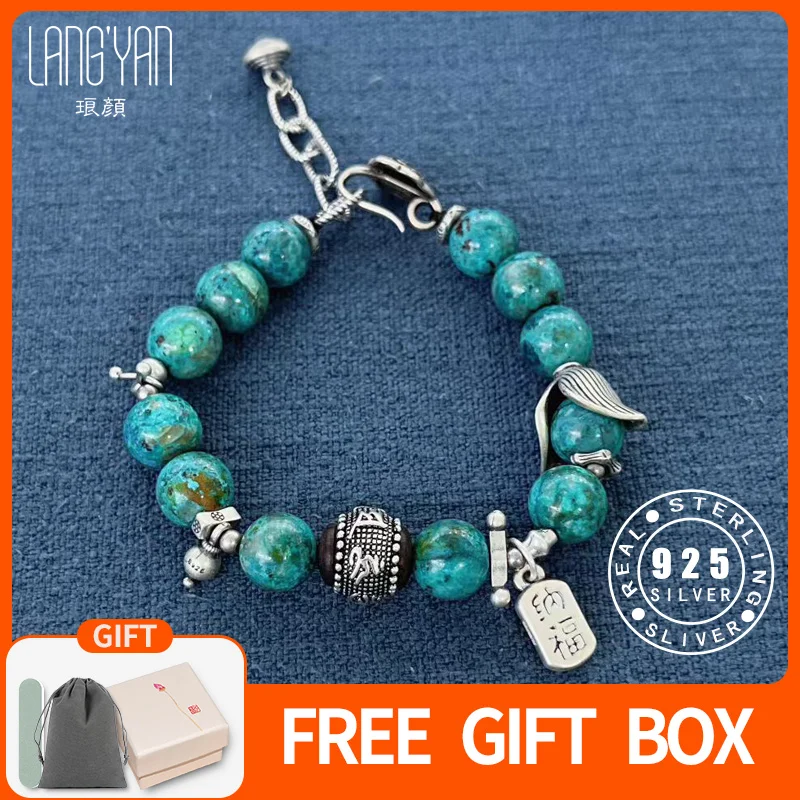 

Langyan Natural Chrysocolla Beaded Bracelet Women's Chinese Style Vintage S925 Silver Handmade Jewelry New Year Lucky Gift SL222
