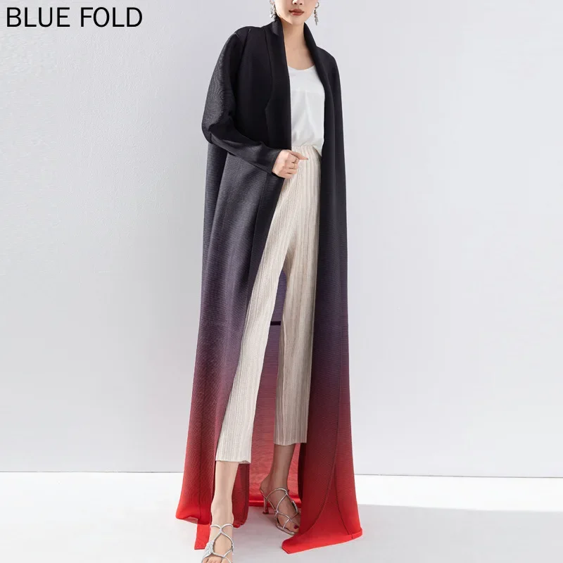 MIYAKE-Pleated Trench Coat for Women Fashionable and Loose-Fitting Printed Gradient Lapel Bat Sleeves Long Trench Coat High-end