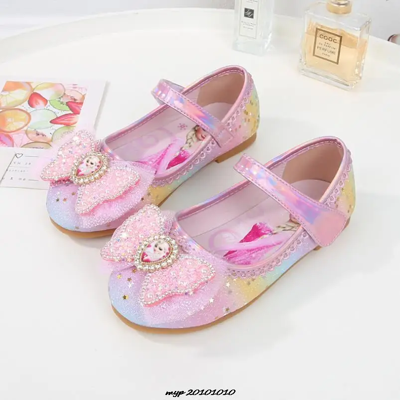 Disney Princess Kids Leather Shoes For Girls Frozen Elsa Glitter Crystal Children Flat Heel Girls Single Shoes Butterfly Shoe